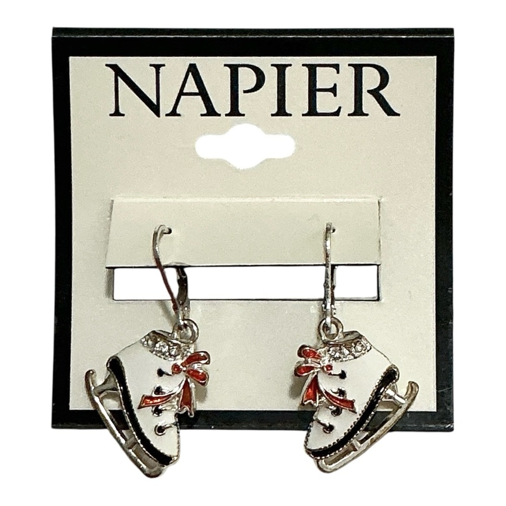 Napier Ice Skates Earrings Silver Tone Enamel Dangle Leverback Winter Holiday